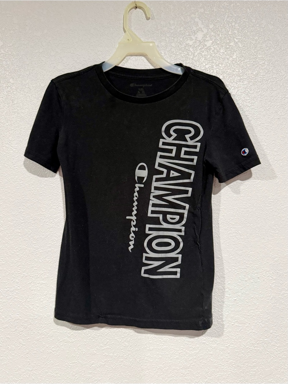 Champion Kids Black Logo Tee with Subtle Vertical Print